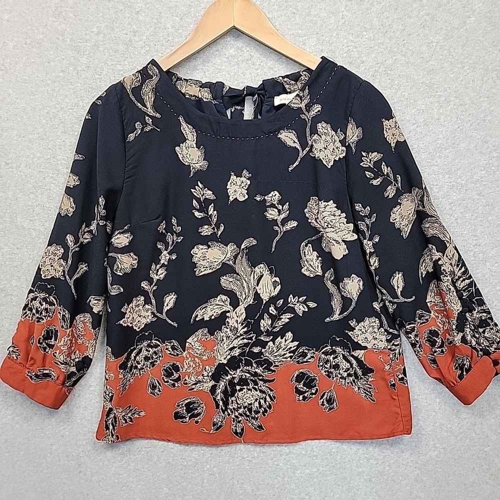 SKIES ARE BLUE Womens Sz M Navy Blue Orange Floral Top Blouse Bow Tie Neck Boho